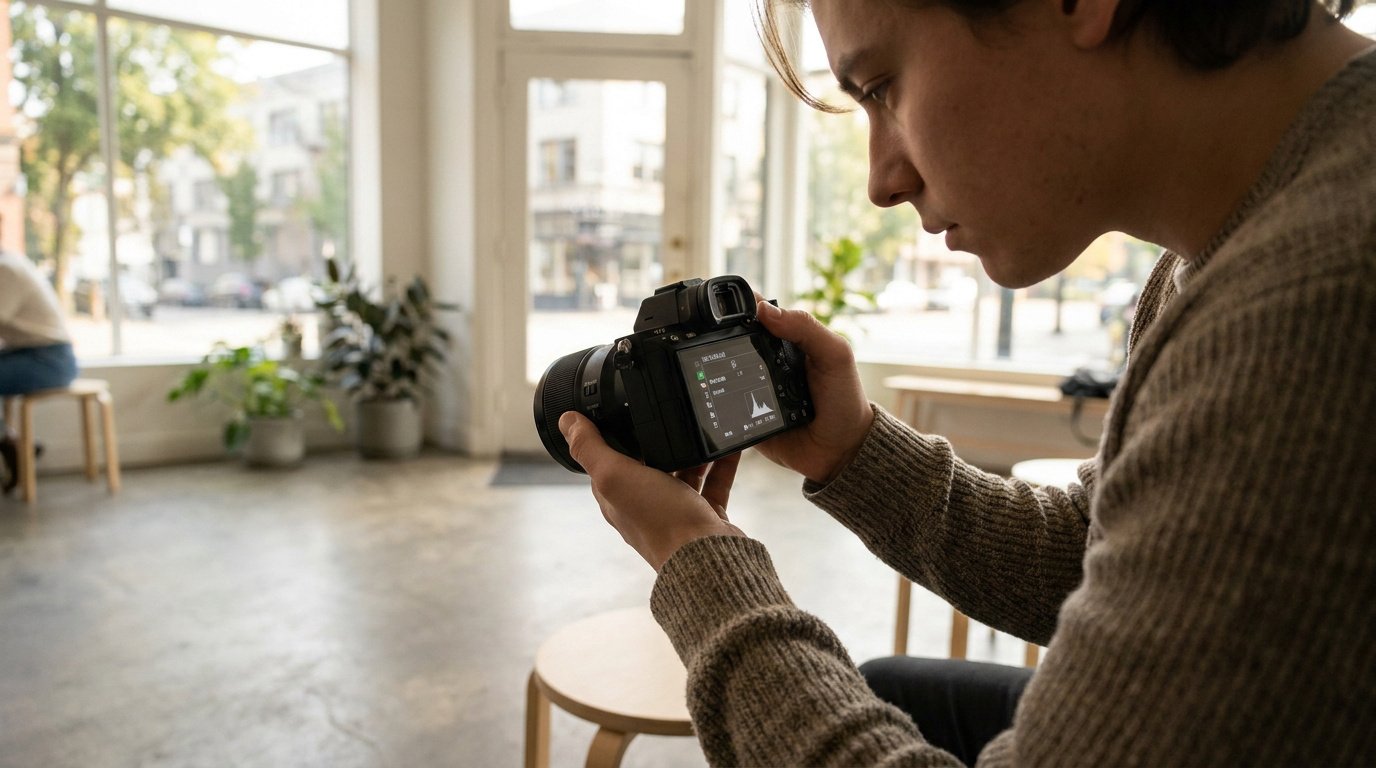 Un jeune homme examine l'écran LCD de son appareil photo hybride dans un studio lumineux.