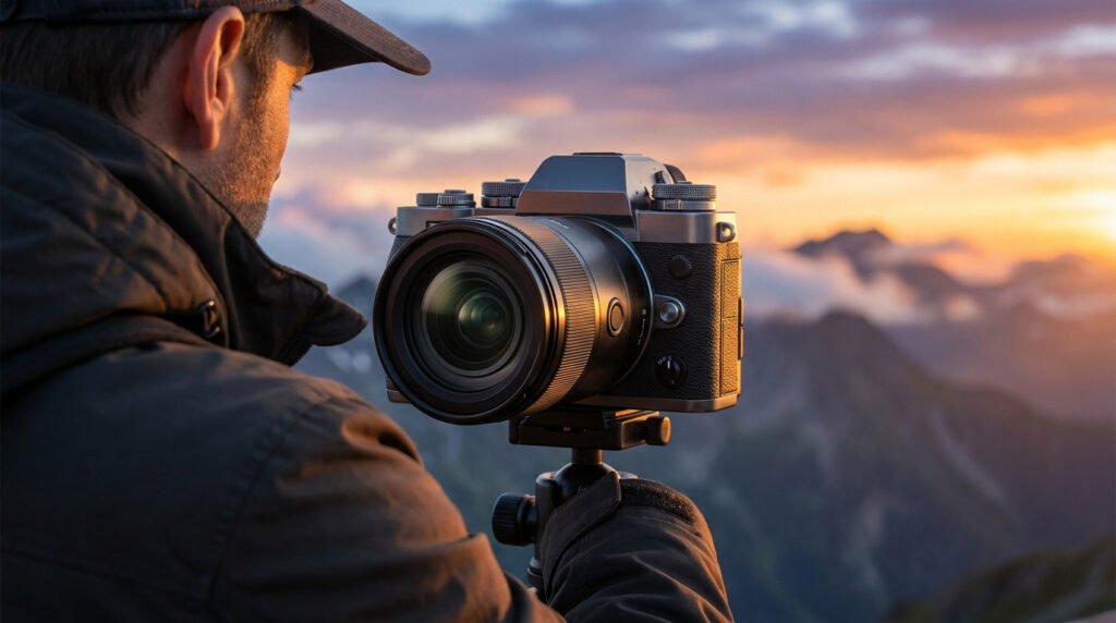 Photographe utilisant un appareil photo hybride sur trépied face à un paysage de montagne au coucher du soleil.