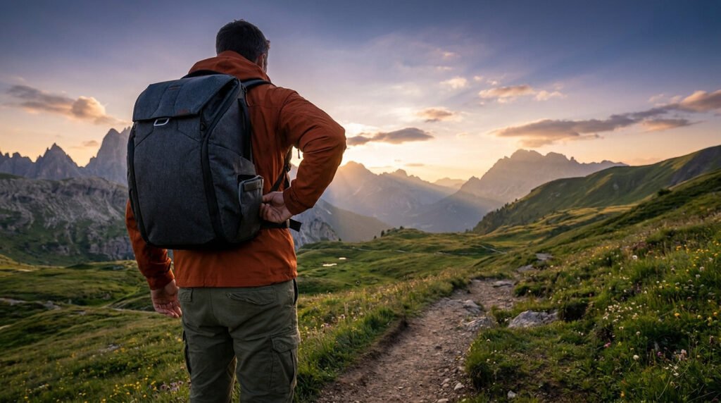 Un randonneur avec un sac à dos photo face à un paysage de montagne au coucher du soleil.