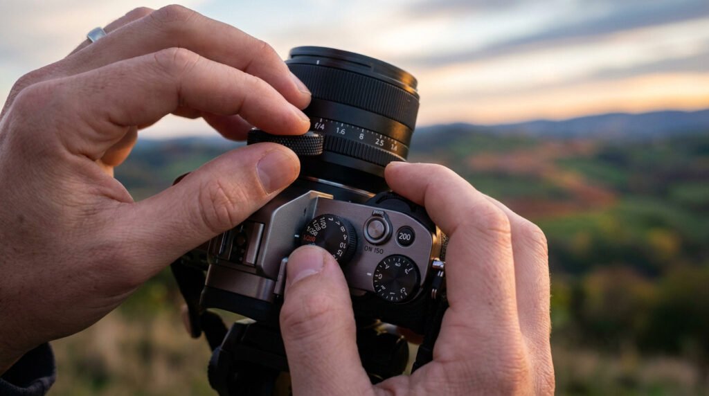 Gros plan sur les mains d'un photographe ajustant la bague d'ouverture et la vitesse d'obturation de son appareil.