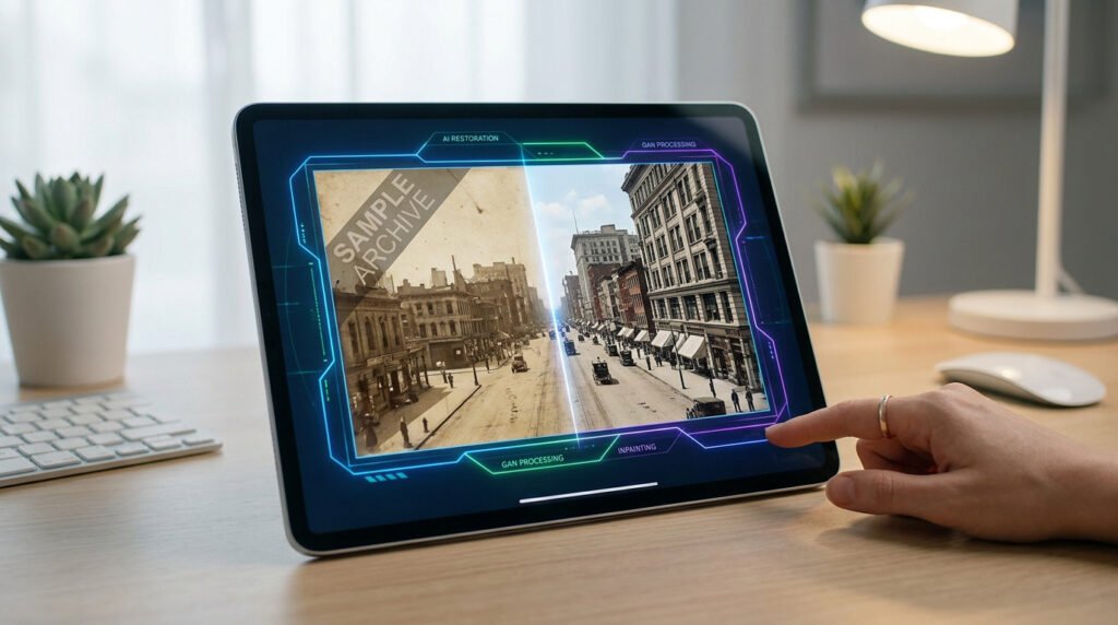 Tablette affichant une photo ancienne en cours de restauration par IA, avec une main touchant l'écran.