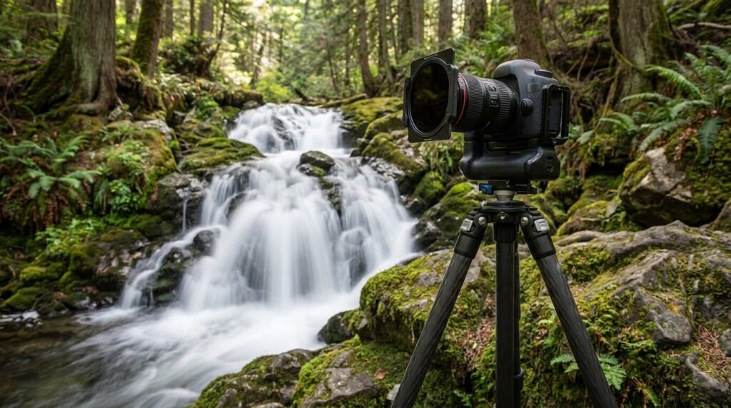 Appareil photo sur trépied face à une cascade dans une forêt.
