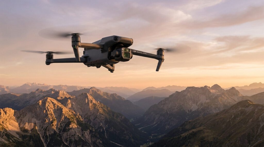 Le drone DJI Mavic 4 Pro vole dans un ciel de coucher de soleil au-dessus d'une chaîne de montagnes escarpée.