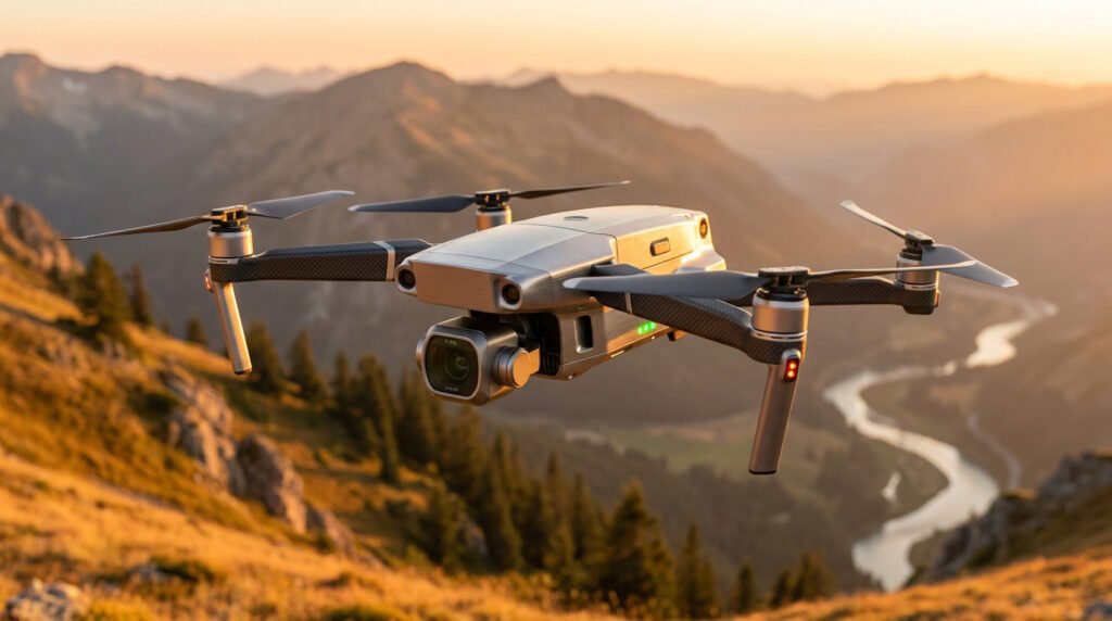 Un drone gris DJI Neo 2 en plein vol au-dessus d'une vallée montagneuse lors d'un coucher de soleil doré.